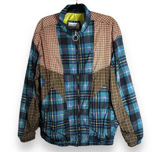 UO Mixed Plaid Blocked Track Jacket Size Large